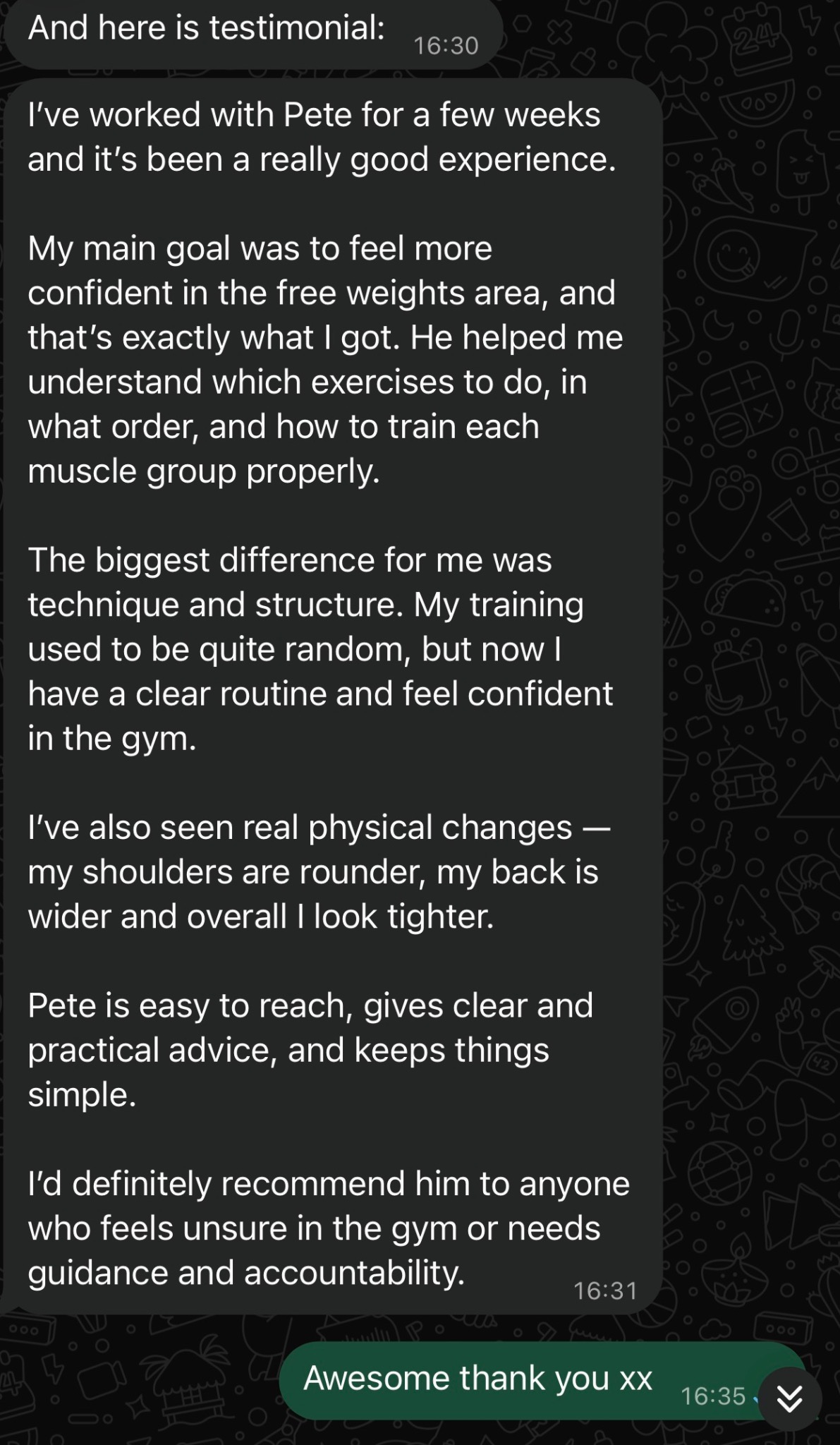Adrian's original client testimonial message